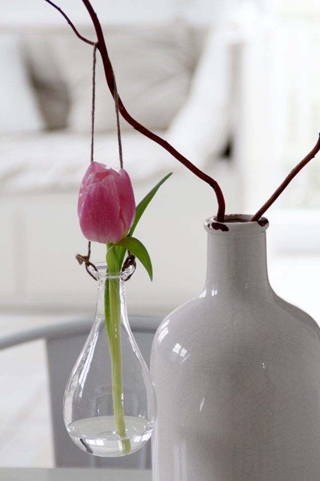 Glasvase mit Tulpe an einem Ast