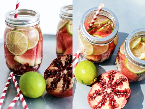 Detox Wasser mit Granatapfel Limette Wassermelone, ideales Getränk für heiße Sommertage, erfrischend